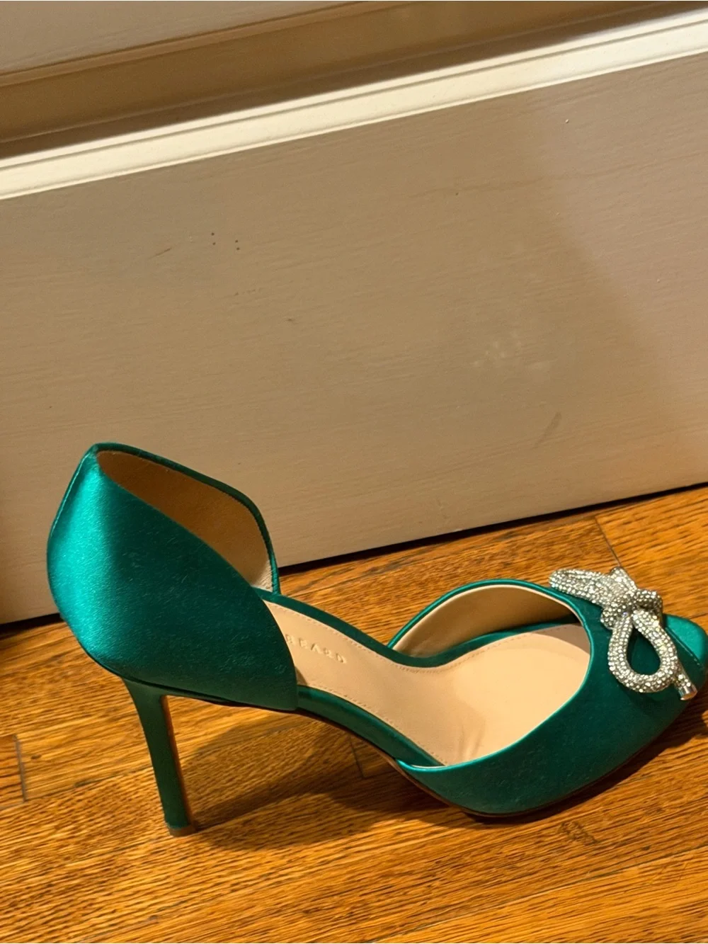 Veronica Beard Teal Satin D'Orsay Peep-Toe Pumps with Crystal Bow